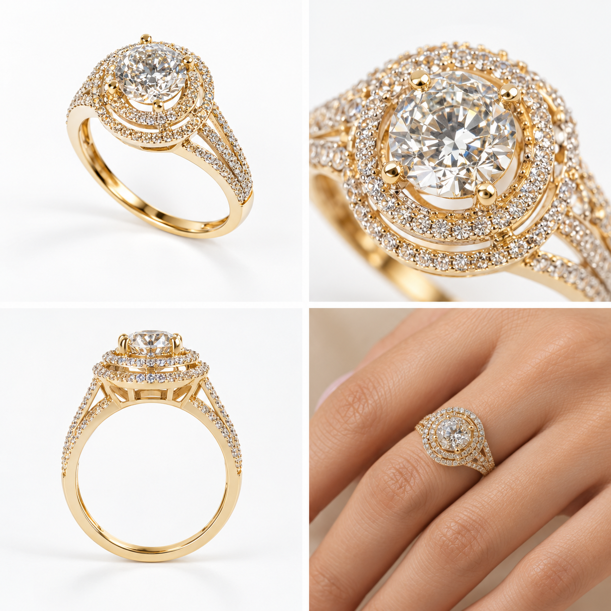 Elegant Gold-Tone Halo Diamond Ring - Image 2